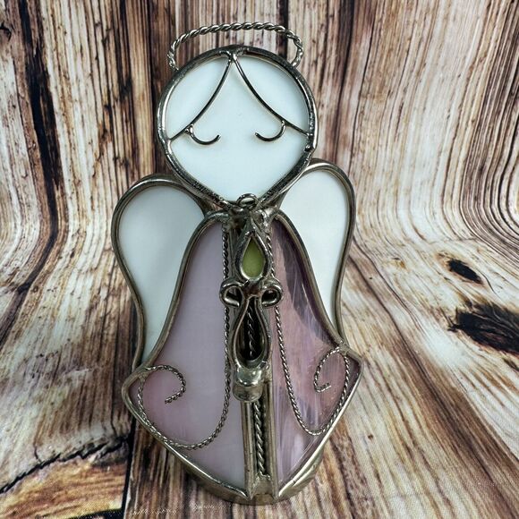 Vintage Stained Glass Angel Holding Candle Purple Blue Sun Catcher Free Standing - Picture 10 of 13